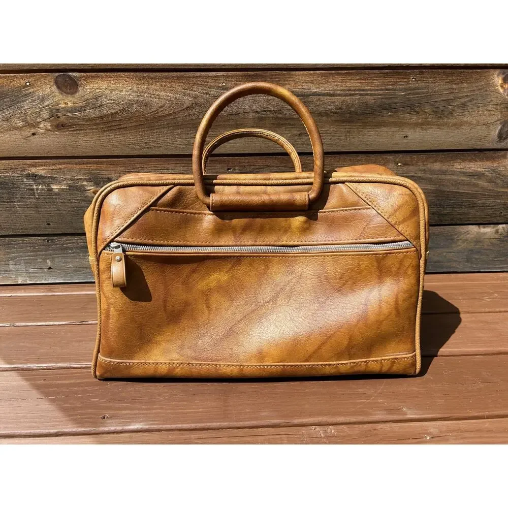 Vintage American Tourister Tan Vinyl Carry On Bag Lock 1970s Overnight Bag Item